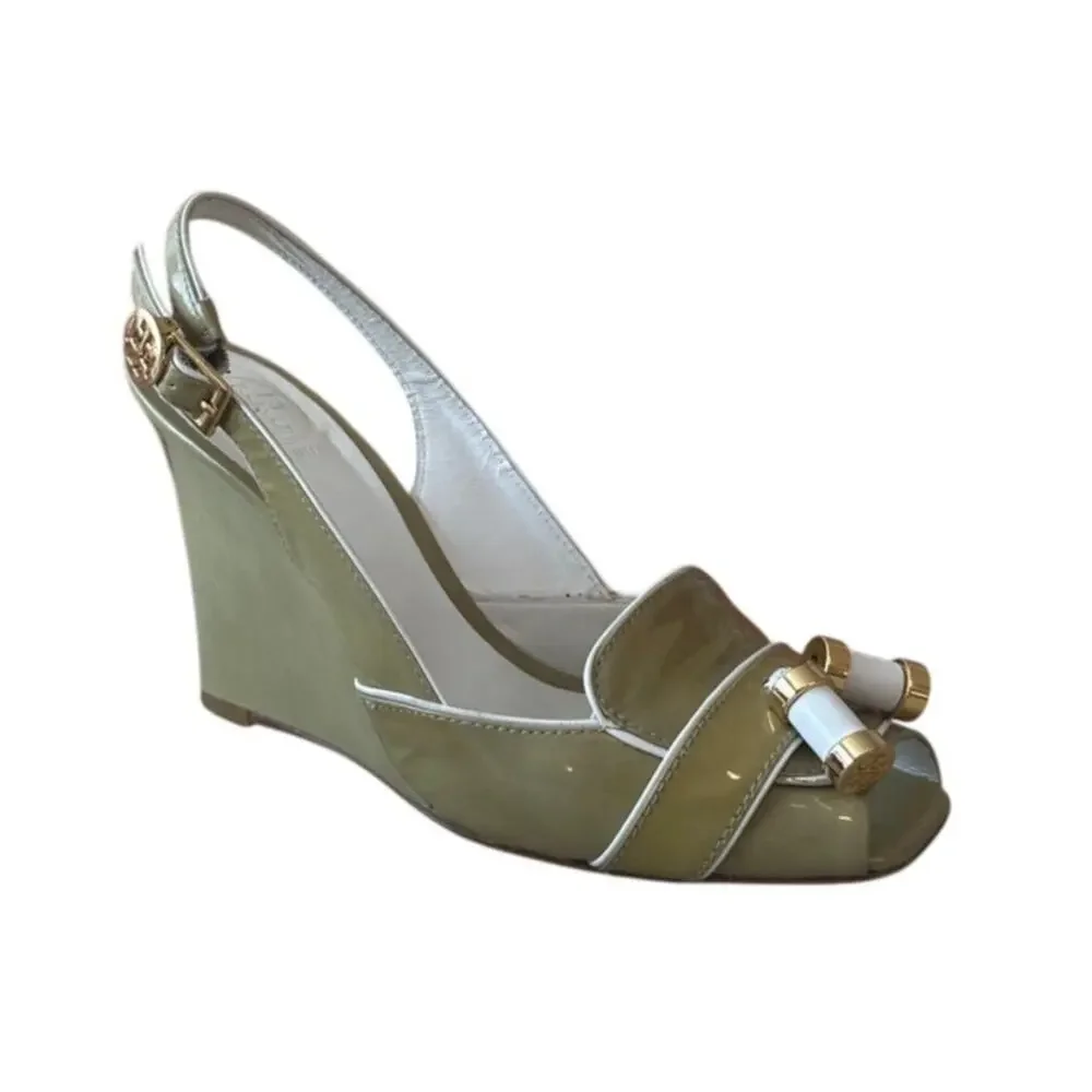 Tory Burch Ella Wedge Slingback Peep Toe Patent Sandals 7